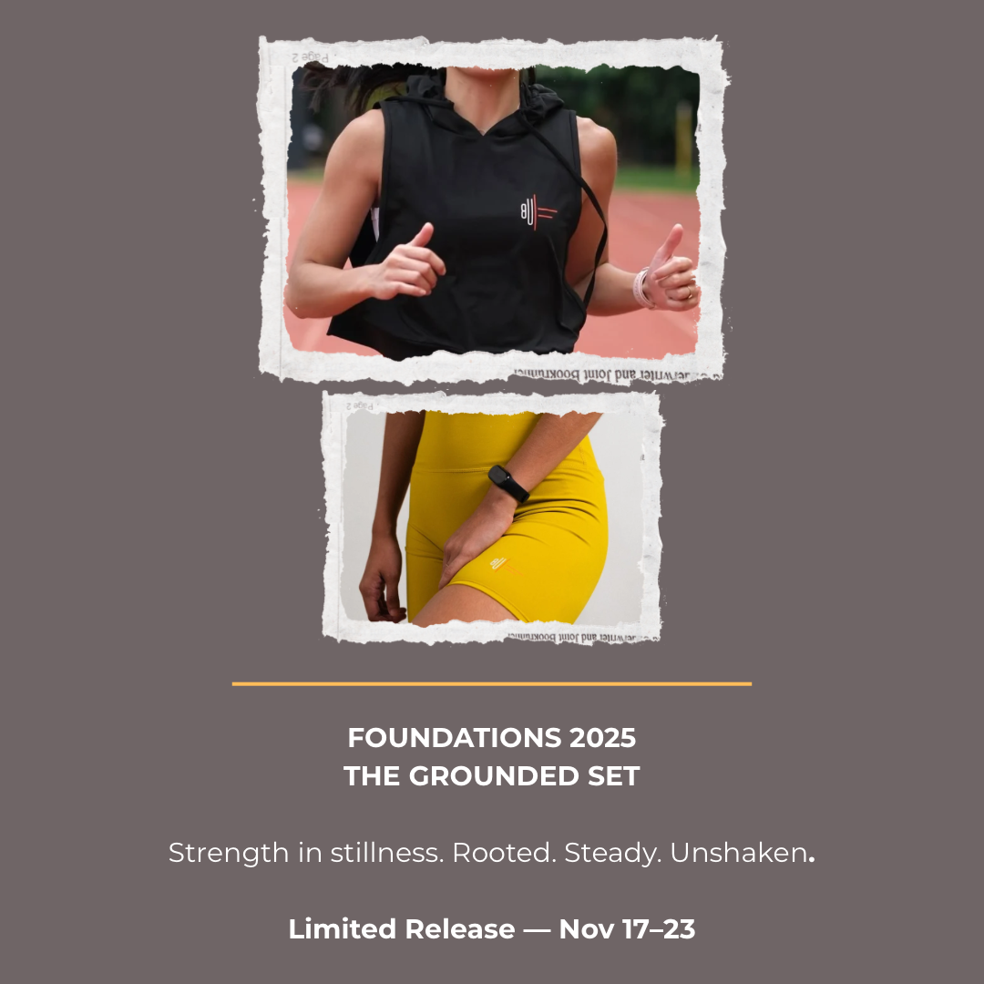 Stone black hoodie and mustard yellow Sara shorts arranged as a coordinated activewear set for BUF Active’s Grounded Set, limited release.