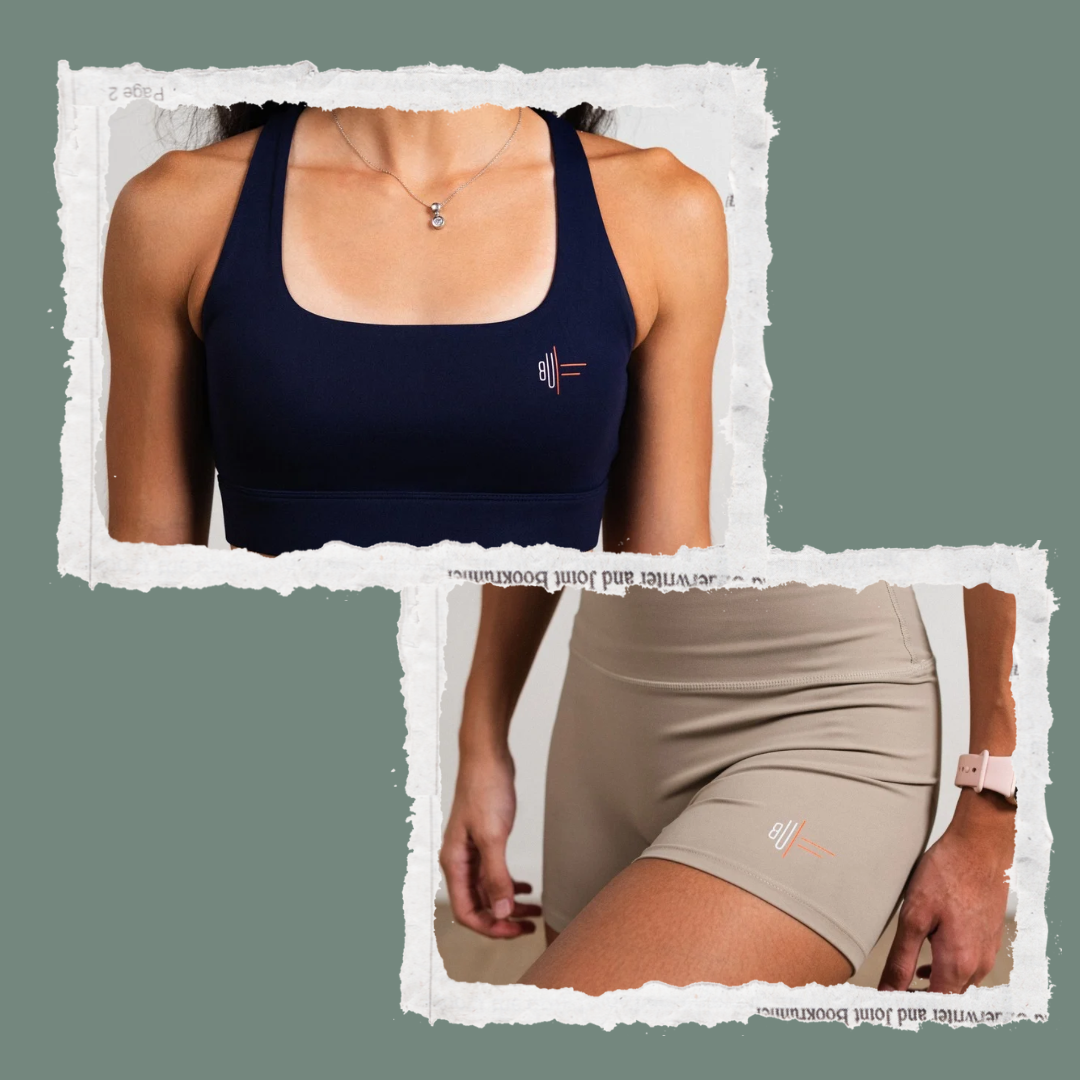 BUF Active Foundations Rooted Set featuring navy bra and khaki shorts in grounded, earthy tones.