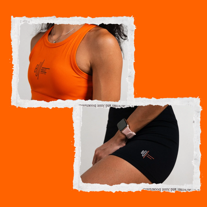 BUF Active Foundations Forged Set featuring orange tank bra and black shorts, limited edition activewear.